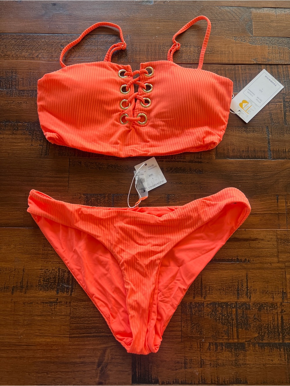 TiniBikini Bright Orange Lace-Up Ribbed Bikini Set